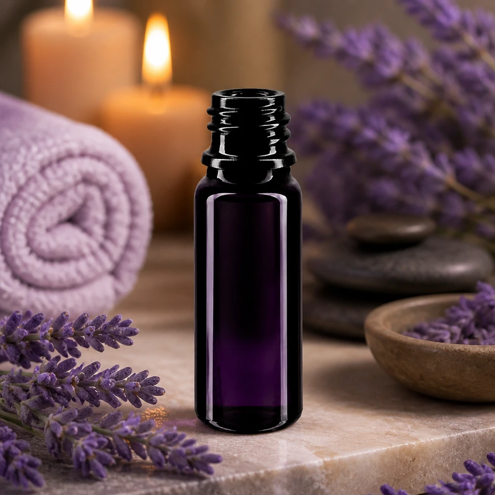 Violetti lasipullo 10ml DIN 18 (Mironglas) Pieni violetti lasipullo 10ml DIN 18 kierteellä, ihanteellinen laventeliöljy- ja kylpyläsovelluksiin.