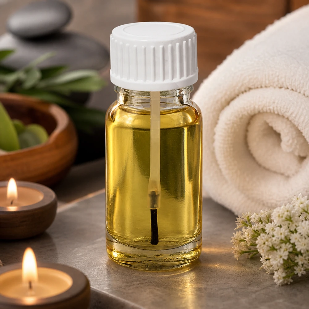 10 ml:n sivellinpullo, kirkasta lasia, valkoisella korkilla, täytetty kullankeltaisella öljyllä, spa-taustalla
