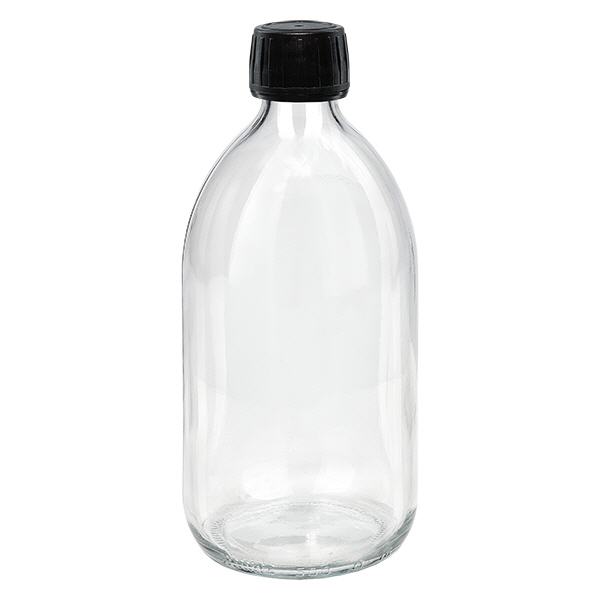 500ml lääkepullo kirkas, musta korkki, jossa on peukaloinnin estävä rengas ApoGlas