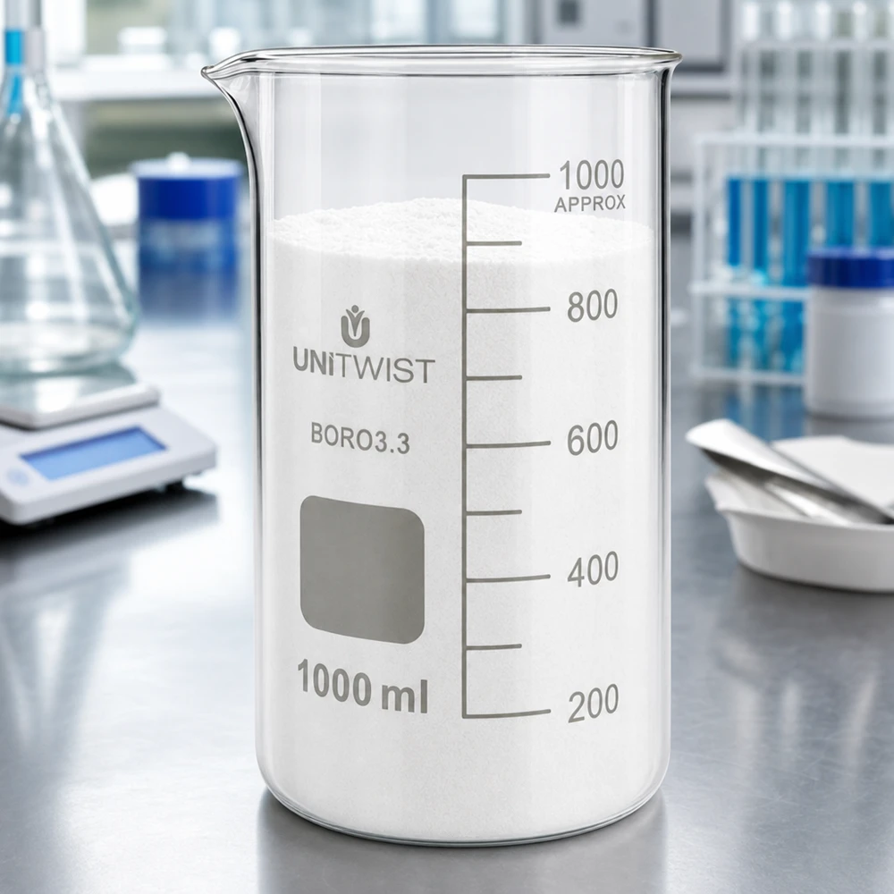 UNITWIST-lasimuki, 1000 ml, korkea malli, borosilikaattia, täytetty valkoisella jauheella laboratoriossa