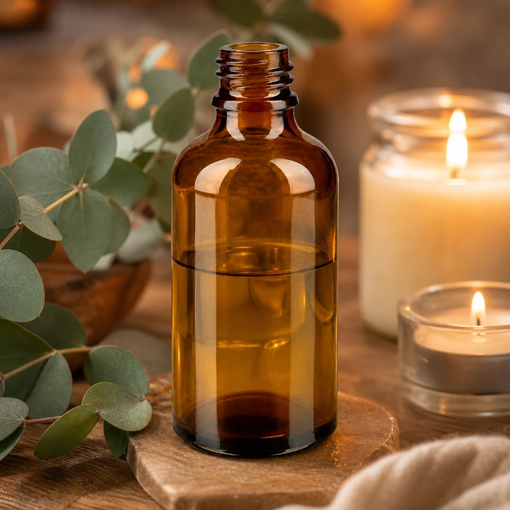 50ml ruskea lasipullo ApoGlas apteekkipullo eteeristä öljyä kynttilöiden ja eukalyptuksen vieressä