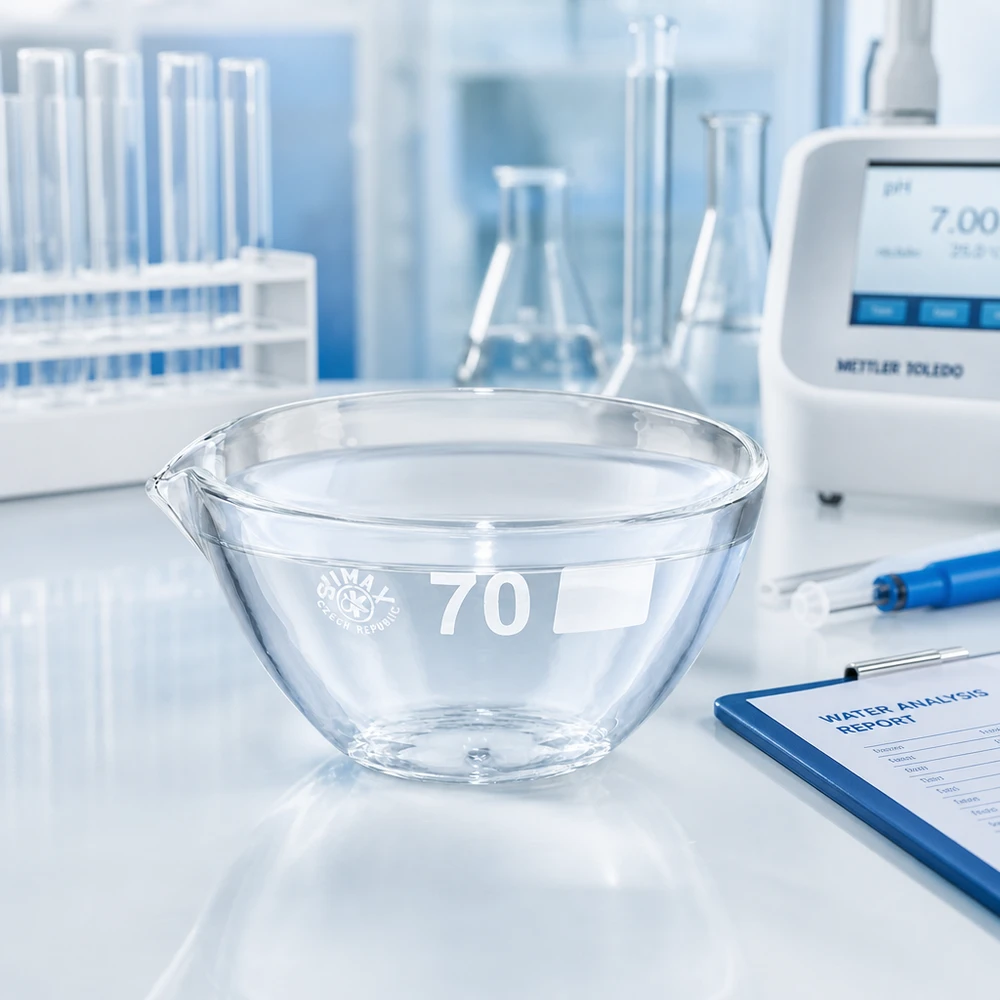 Tarkka haihdutusastia 60ml ø70mm, jossa on nokka kvantitatiivisiin analyyseihin ja haihdutusprosesseihin laboratoriossa.