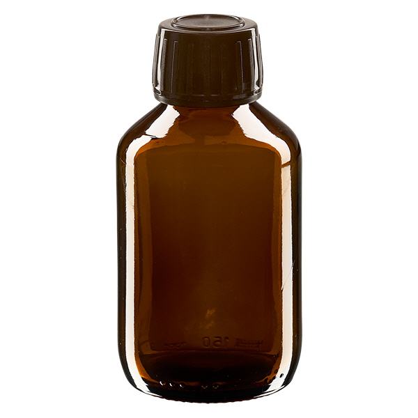 150ml lääkepullo ruskea, korkki ruskea, jossa on peukaloinnin estävä rengas ApoGlas 150ml lääkepullo ruskea, korkki ruskea, jossa on peukaloinnin estävä rengas ApoGlas