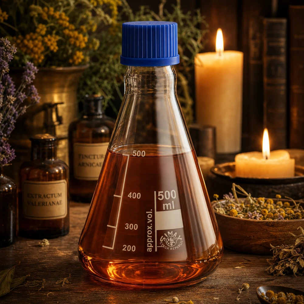 Erlenmeyer-pullo 500ml, jossa on kierrekorkki Tarkka 500 ml:n Erlenmeyer-pullo millilitra-asteikolla tarkkoihin mittauksiin laboratoriossa.