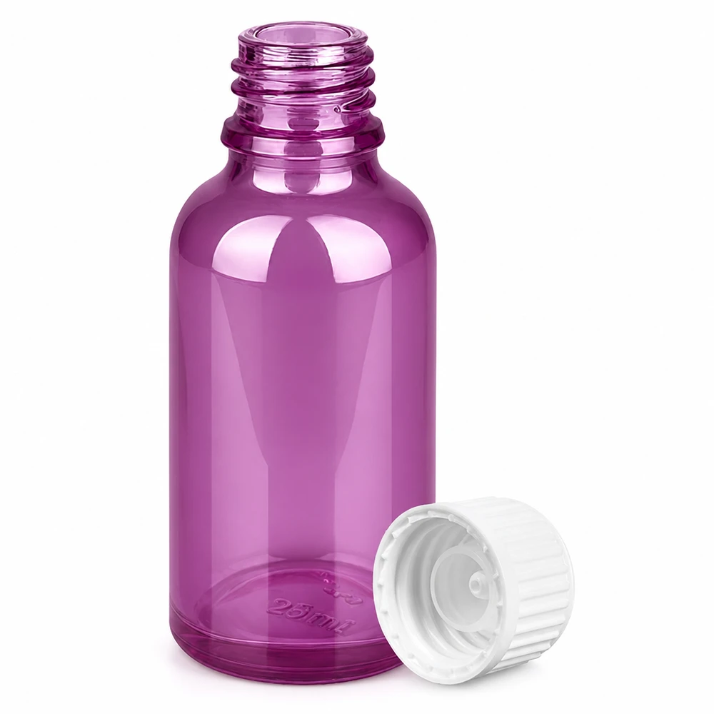 Violetti lasipullo 30ml valkoisella korkilla - ihanteellinen kosmetiikkaan ja aromaterapiaan.