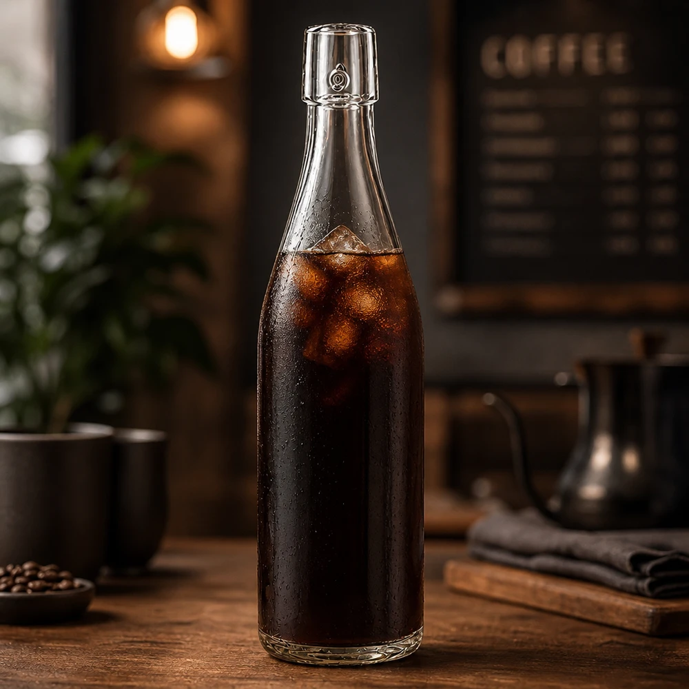 500ml UNiTWIST Glasflasche mit Cold Brew Kaffee befüllt und Eiswürfeln in stylischer Café-Atmosphäre