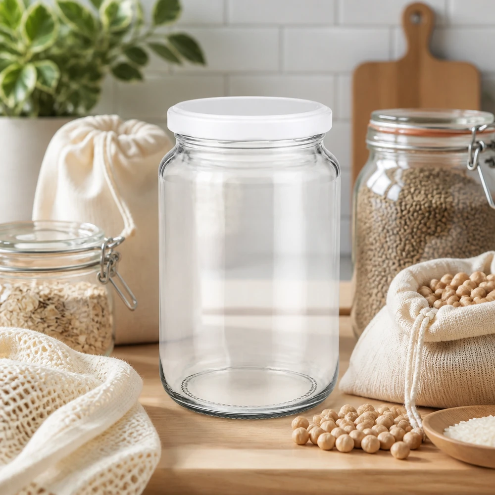 382ml pyöreä purkki, jossa on BasicSeal-kansi valkoinen UNiTWIST 382ml UNiTWIST Rundglas mit weißem BasicSeal Deckel in nachhaltiger Zero-Waste Küche mit Hülsenfrüchten und Stoffbeuteln