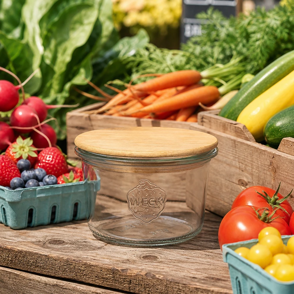 80ml WECK RR60 -mukit, joissa on puukansi. WECK Sturzglas 80ml RR60 mit Bambusdeckel auf Holztisch zwischen frischem Gemüse Obst Marktstand Atmosphäre