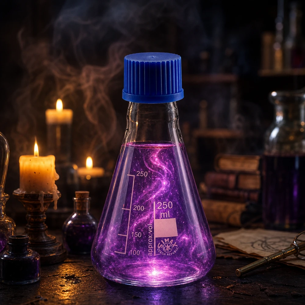 Erlenmeyer-pullo 250ml, jossa on kierrekorkki. Laboratoriopullo 250ml, valmistettu kestävästä borosilikaattilasista, jossa on tiiviisti istuva sininen kierrekorkki.