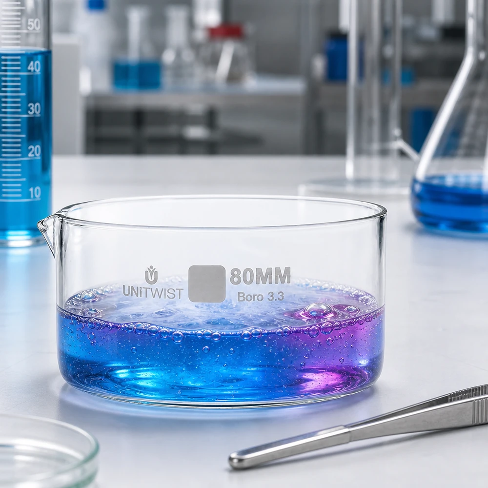 Kiteytysastia ø80mm borosilikaattilasi UNiTWIST. Kiehuva violetti-sininen liuos kiteytyskulhossa, 80 mm, borosilikaattilasi, UNiTWIST-laboratoriokoe