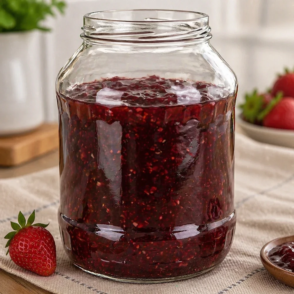 2650ml pyöreä purkki ilman kantta (TO100) UNiTWIST Pallopurkki 2650ml täynnä mansikkahilloa UNiTWIST Runda2650 säilöntäpurkki TO100 kierre Sovellusesimerkki