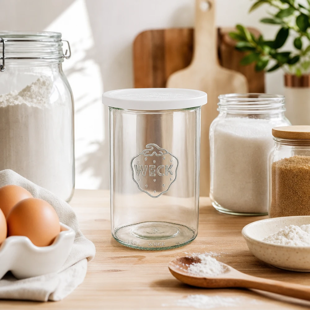 1000ml lasipurkki, jossa on kansi WECK RR100 WECK tumbling purkki 1000ml RR100 tyhjä säilöntäpurkki tuoreella kannella jauhojen munien ja keittiövälineiden välissä näyttää leivontatarvikkeet