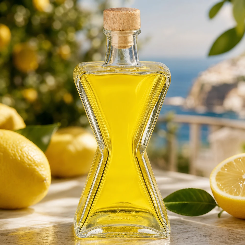 200ml Star-lasipullo, joka on täytetty keltaisella öljyllä sitruunoiden vieressä - UNiTWIST puukorkki limoncellolle ja väkeville alkoholijuomille.