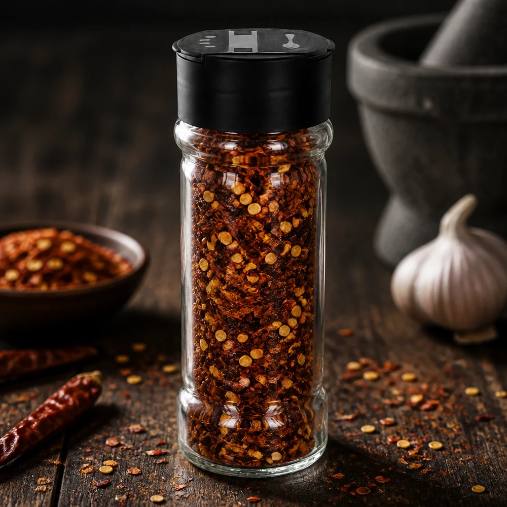 Läpinäkyvä 100 ml:n lasipurkki, joka on täytetty chilihiutaleilla ja varustettu mustalla kaksoisripottelukannella