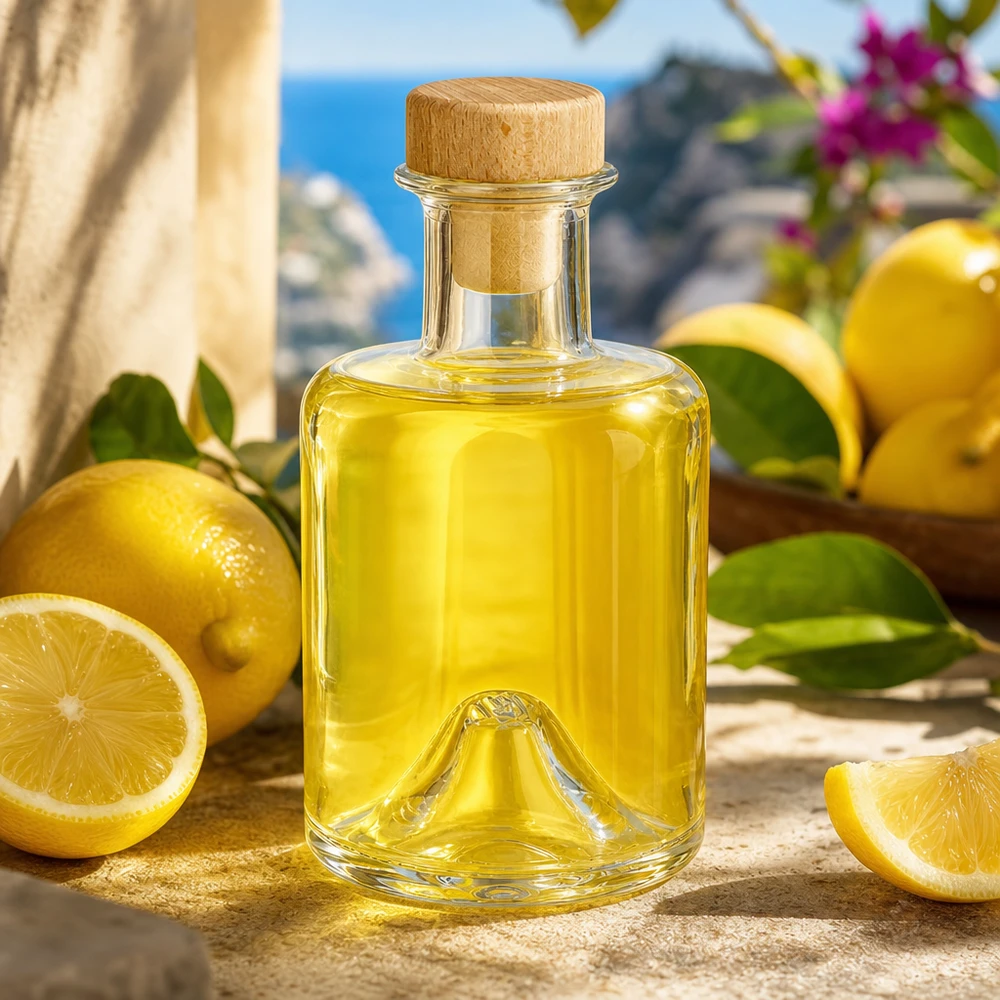 200ml Glasflasche "Sofia" mit Holzgriff-Korken UNiTWIST 200ml Glasflasche Sofia mit Holzkorken gefüllt mit Zitronenöl in mediterraner Küche mit frischen Zitronen