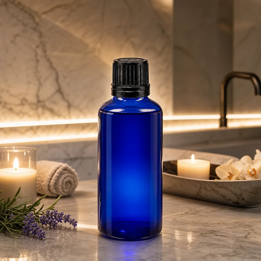 Sininen, valolta suojaava 50 ml:n pullo, jossa on musta tippakorkki, tyylikkäässä spa-ilmapiirissä