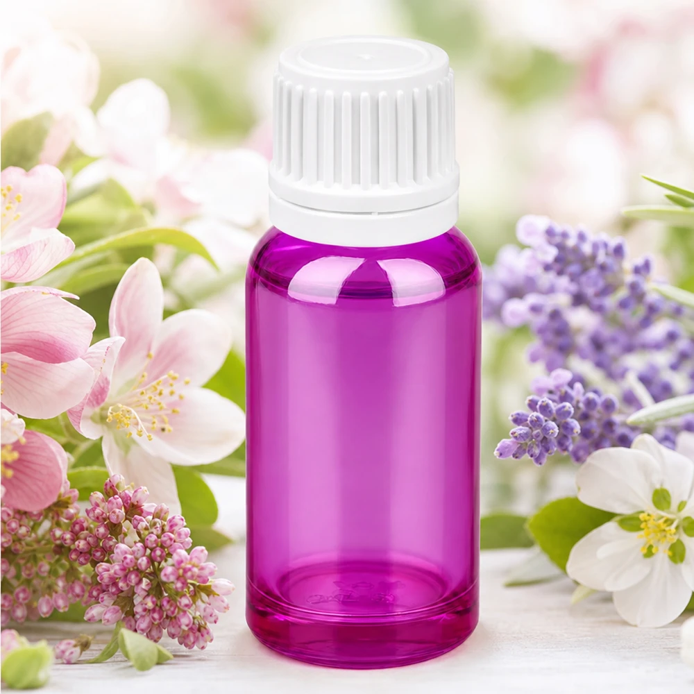 20ml pullo 11mm kierrekorkki valkoinen Originality kierrekorkki PurpleLine UT18/20 Tyylikäs 20ml violetti lasipullo, jossa valkoinen SV-korkki korkealaatuisille esansseille ja uutteille.