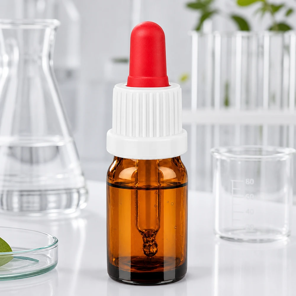 Ammattimainen 5 ml:n laboratoriopullo, joka on valmistettu UV-suojalasista ja jossa on tippapipetti tieteellisiin sovelluksiin.