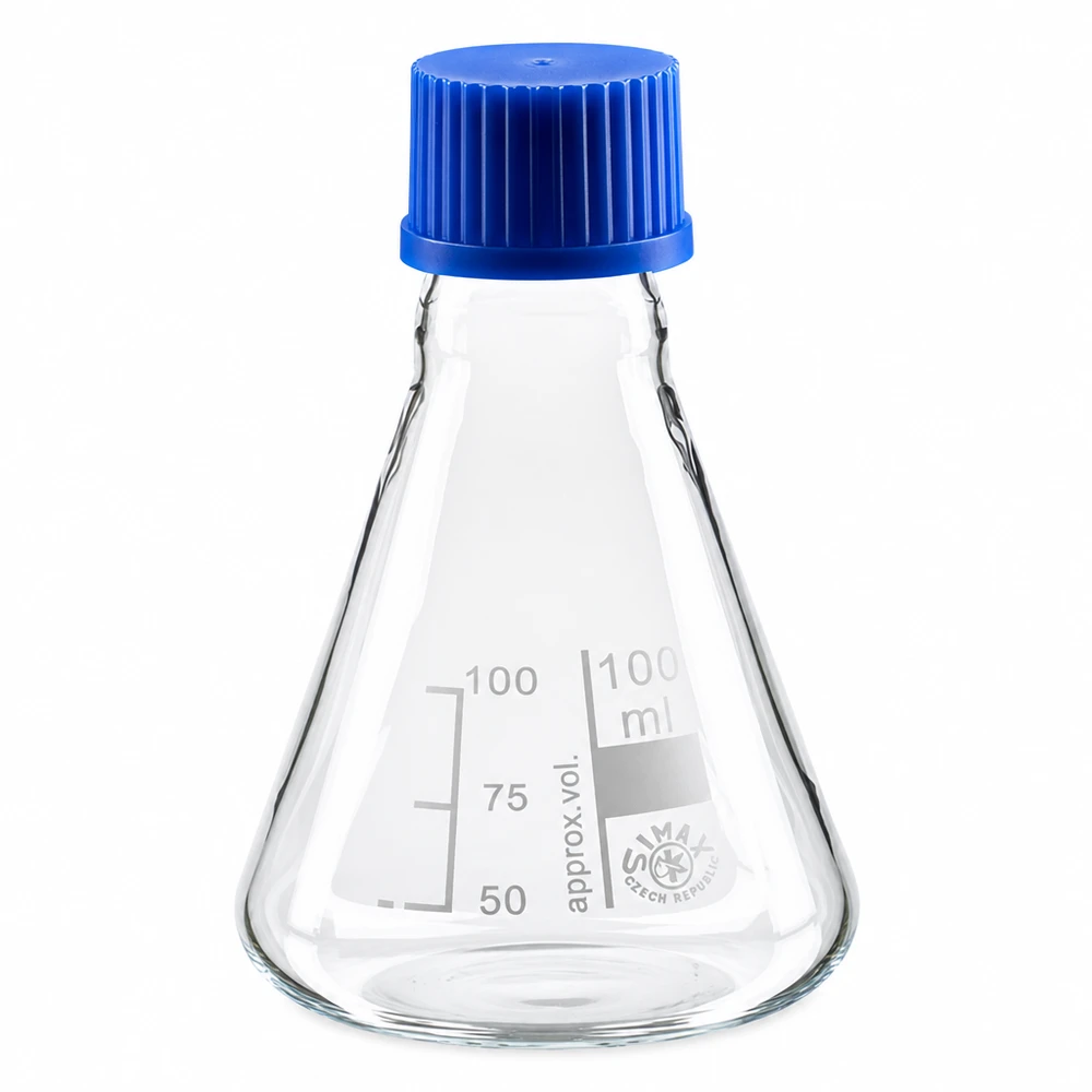 Erlenmeyer-pullo 100ml, jossa on kierrekorkki. Erlenmeyer-pullo 100ml lasia, jossa sininen kierrekorkki laboratoriosovelluksiin