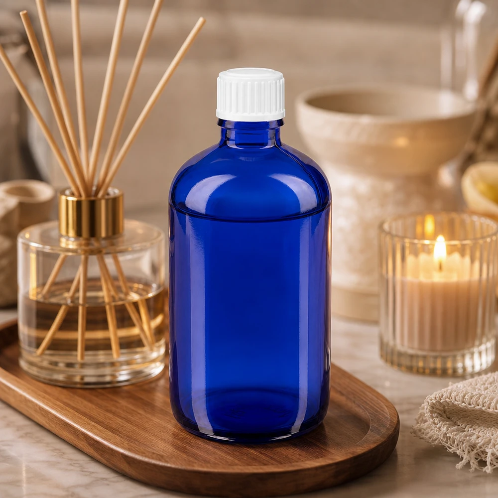 Apteekkipullo sininen 100ml kierrekorkki valkoinen standardi Noin 100 ml:n apteekkipullo koboltinsinisestä lasista, jossa on valkoinen kierrekorkki, puualustalla