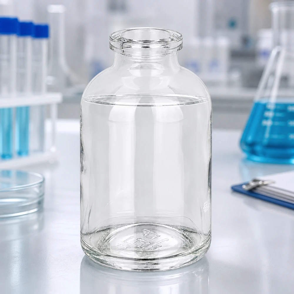 Kompakte Injektionsflasche 50ml Klarglas mit charakteristischer Schulterform und Enghals