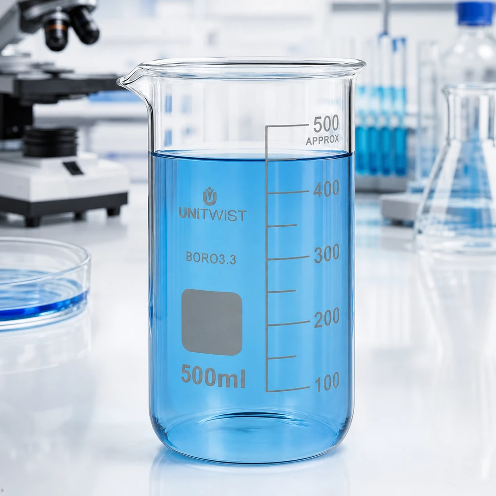 500 ml:n dekantterilasi, korkea muotti UNiTWIST UNITWIST-lasimuki, 500 ml, korkea malli, jossa on sinistä nestettä valkoisella laboratoriopinnalla