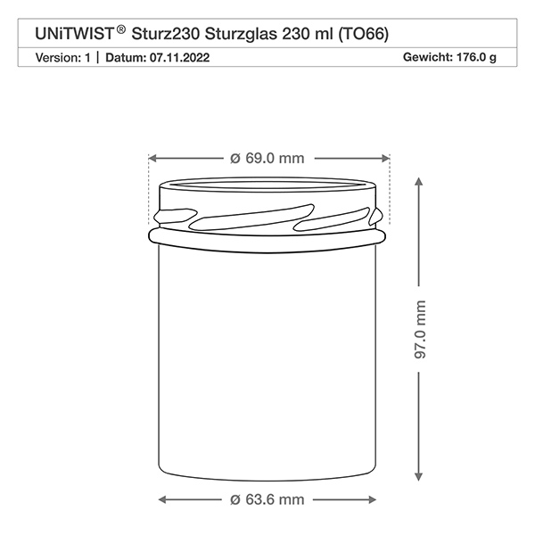 230ml lasipullot ilman kantta (TO66) UNiTWIST UNITWIST Sturz230 tumblers 230ml TO66 tekninen piirustus mitat 69mm halkaisija 97mm korkeus paino 176g