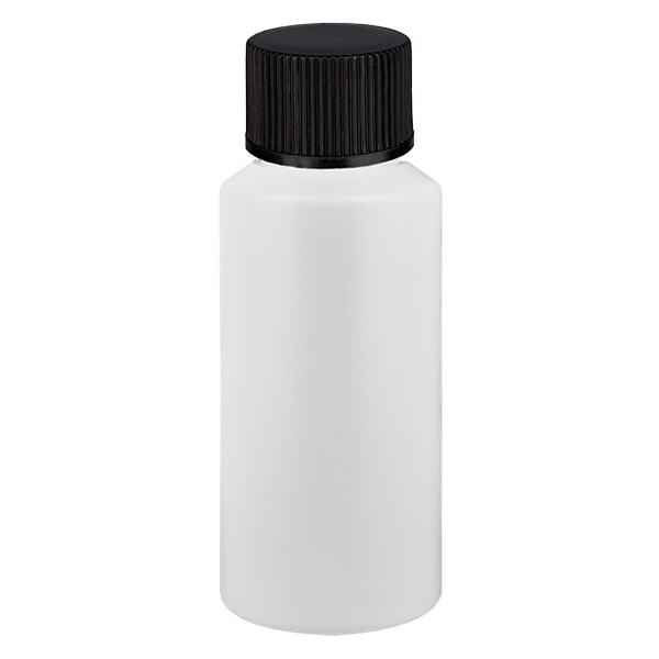 Apteekkipullo HDPE 30ml valkoinen, mustalla kierrekorkilla Apteekkipullo HDPE 30ml valkoinen, mustalla kierrekorkilla