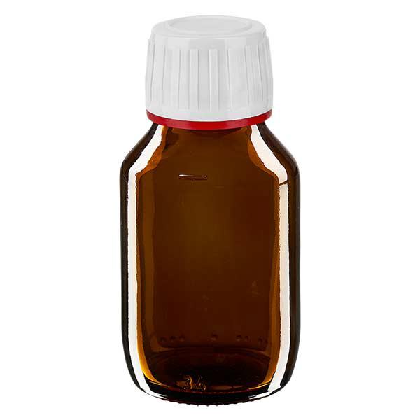 50ml lääkepullo ruskea, korkki valkoinen, jossa on peukaloinnin osoittava rengas punainen ApoGlass 50ml lääkepullo ruskea, korkki valkoinen, jossa on peukaloinnin osoittava rengas punainen ApoGlass