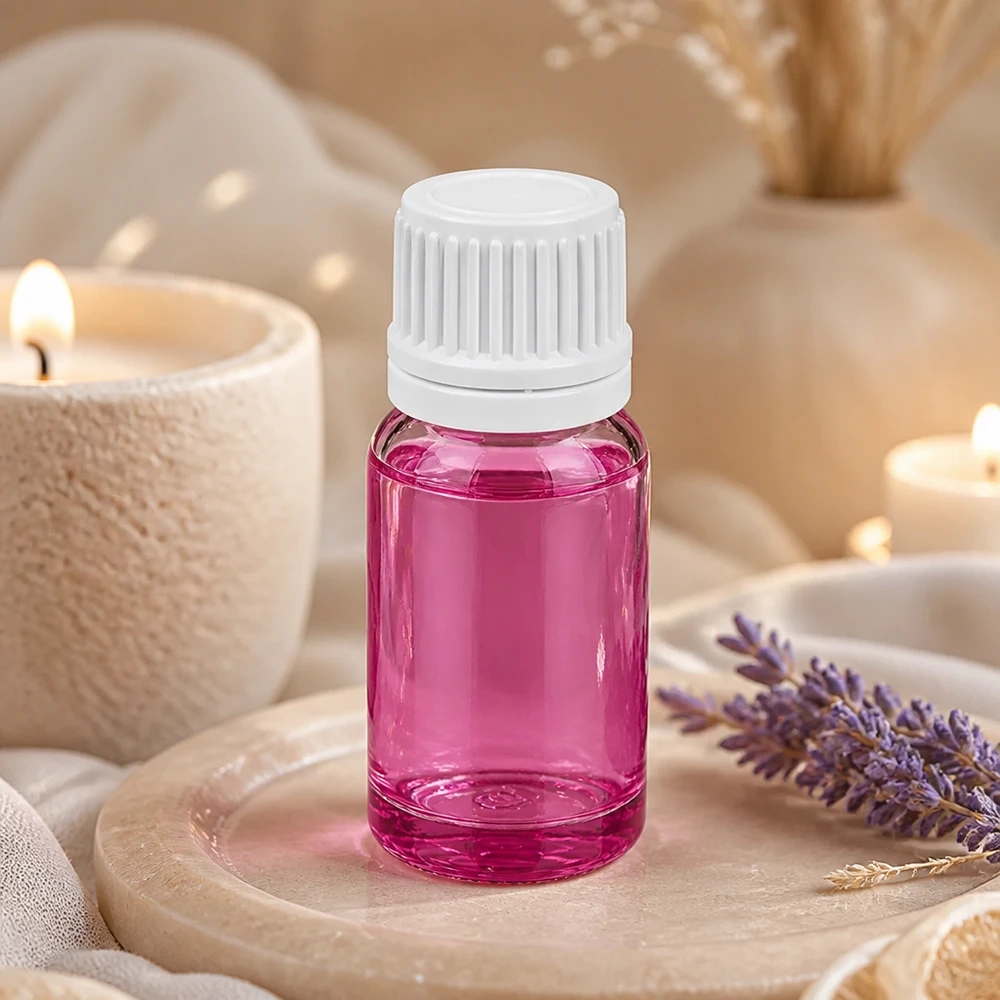 Kompakti 10ml violetti lasipullo, jossa valkoinen korkki, ihanteellinen matkoille ja liikkeelle.