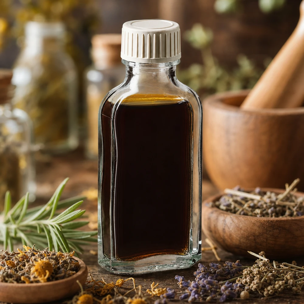 50 ml Meplat kirkas kierrekorkki, jossa on PE-vaahtomuovia sisältävä sisäkkäin Pieni 50 ml:n Meplat-lasipullo, jossa on valkoinen kierrekorkki, kuivattujen yrttien ja puisen morttelin välissä