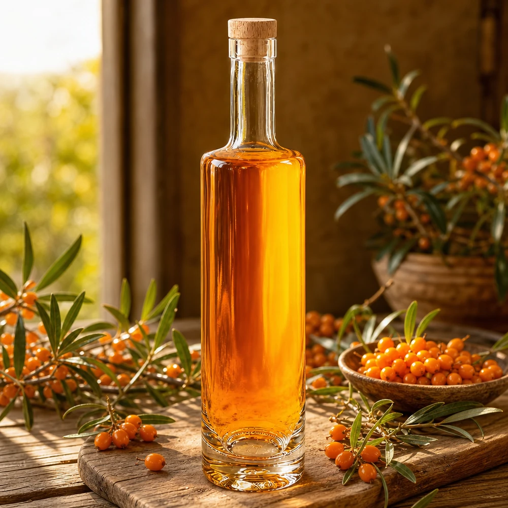 500ml Glasflasche "Lina" mit Holzgriff-Korken UNiTWIST 500ml Glasflasche Lina mit Holzkorken gefüllt mit Sanddornöl zwischen Sanddornbeeren warmes Sonnenlicht Ambiente