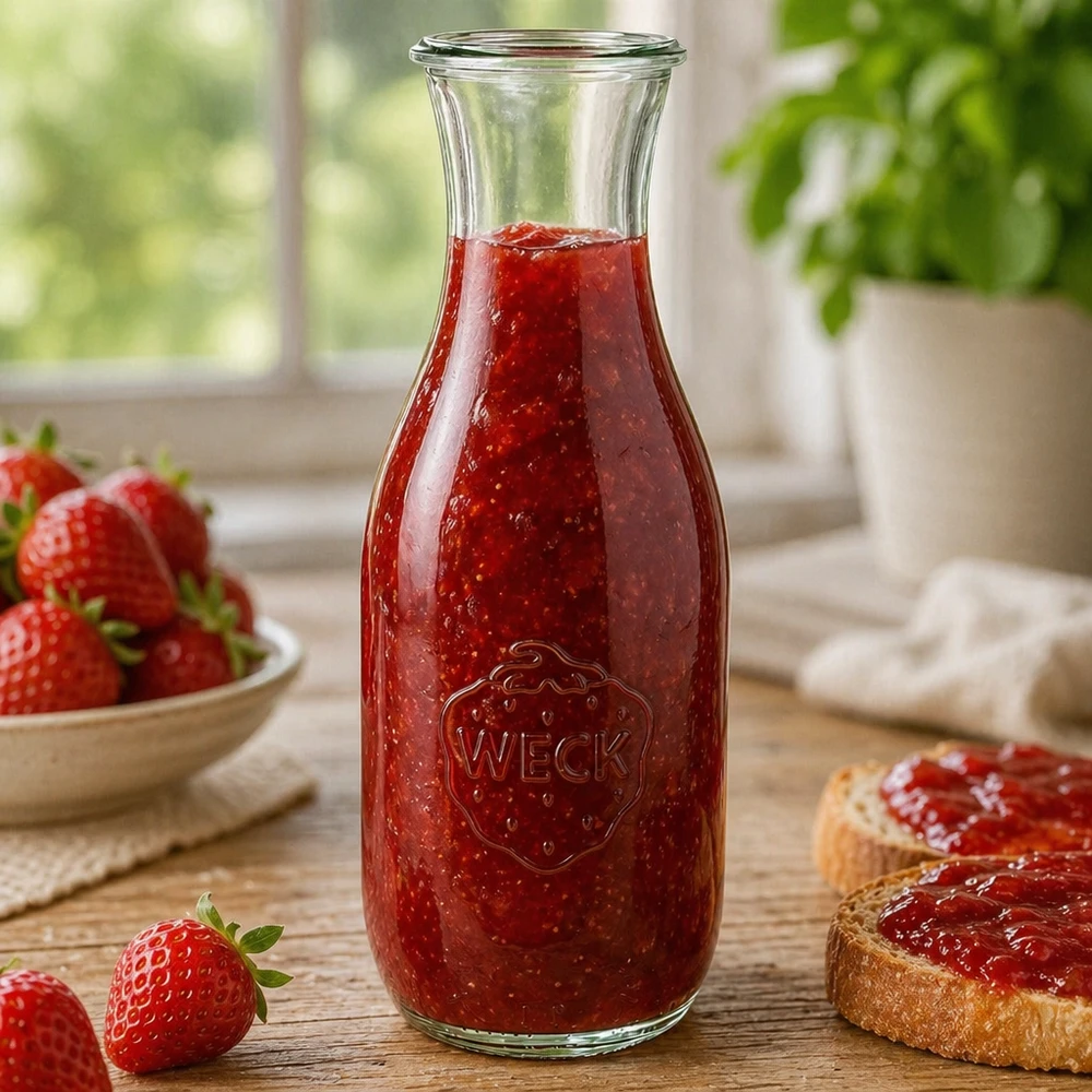 WECK mehupullo 1062ml RR60 täytettynä kotitekoisella mansikkahillolla leipäviipaleiden ja tuoreiden marjojen vieressä