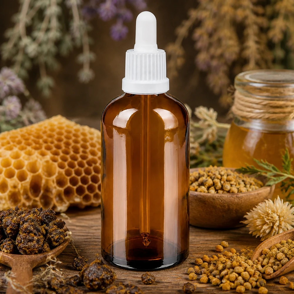 100ml apteekkipullo pipetillä meripihkalasista luonnonlääkkeille ja uutteille.