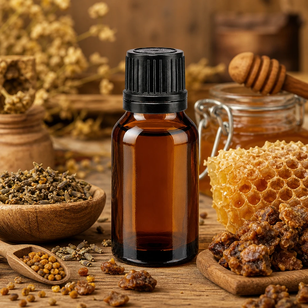 Ruskea 15 ml:n apteekkipullo, jossa on kierrekorkki, hunajakenno-propolis- ja mehiläisen siitepölytuotteiden välissä