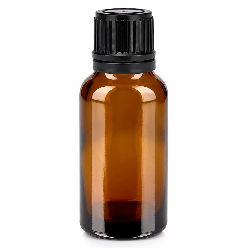 20ml ruskea lasipullo mustalla kierrekorkilla eteerisille öljyille ja kosmetiikalle.