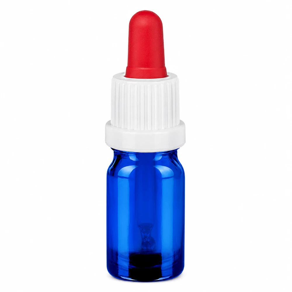 5ml pipettipullo valkoinen/punainen väärentämisen estävä suljin BlueLine UT18/5 BlueLine UT18/5 Sinisestä lasista valmistettu 5 ml:n pipettipullo, jossa on valkoinen korkki ja punainen pipettikiinnike tarkkaa annostelua varten.