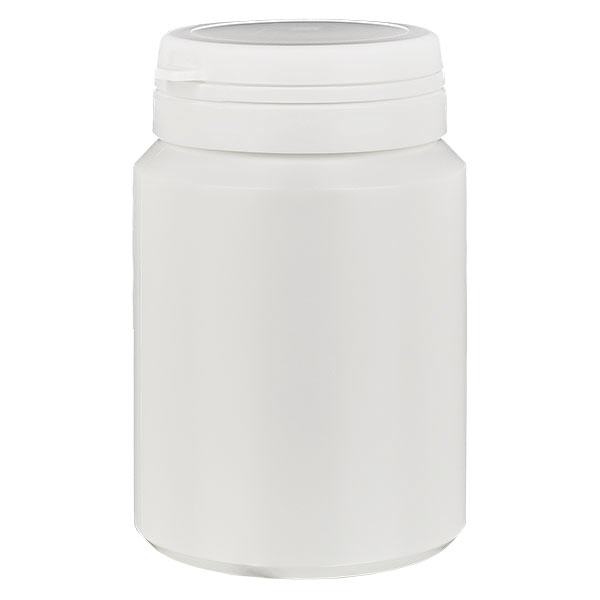 Kapselirasia 150 ml valkoinen, jossa Jaycap-sulkimella varustettu väärentämisen estävä suljin valkoinen. Kapselirasia 150 ml valkoinen, jossa Jaycap-sulkimella varustettu väärentämisen estävä suljin valkoinen.