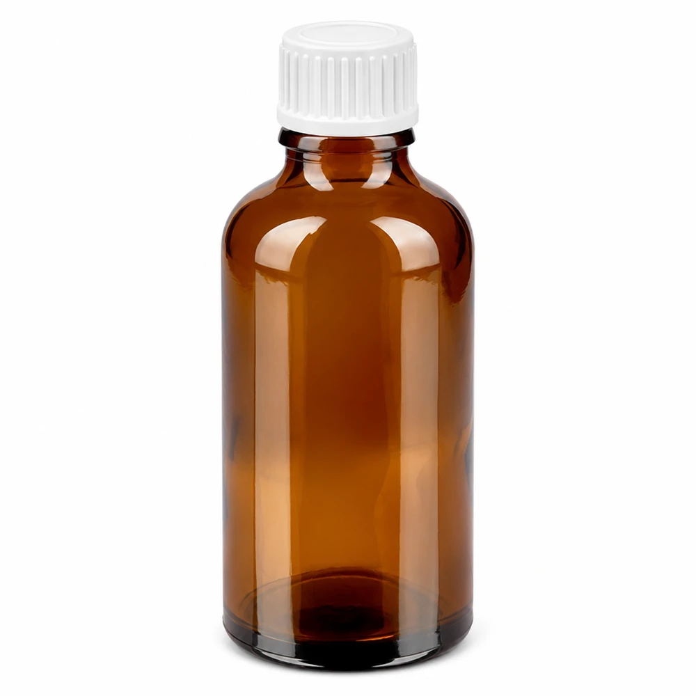 50ml tippapullo 0.9mm valkoinen vakiokorkki BrownLine UT18/50 50ml meripihkanvärinen lasinen tippapullo, jossa on valkoinen korkki ja 0.9mm tippaeriste tarkkaa annostelua varten.