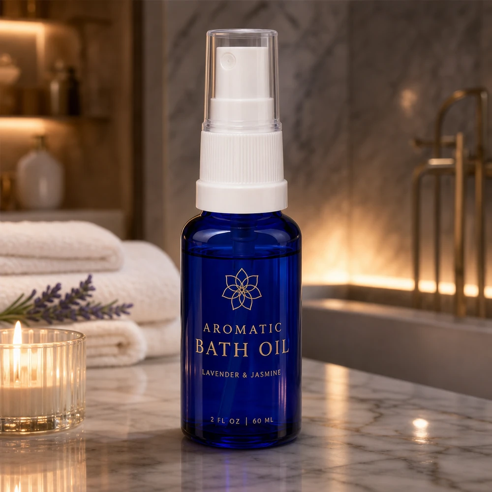 Apteekkipullo sininen 20ml suihkutuslisäosa valkoinen kpl. Sininen 20 ml:n lasipullo, jossa on pumppusumutin, ylellisessä kylpyhuoneessa, jossa on marmoria ja kynttilänvaloa