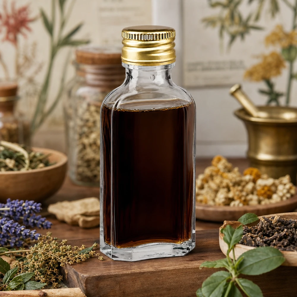 50 ml Meplat kirkas, alumiinikorkki kultainen PP22. 50 ml:n Meplat-lasipullo, kirkas, kultaisella PP22-alumiinikorkilla, jota ympäröivät yrtit ja lääkekasvit
