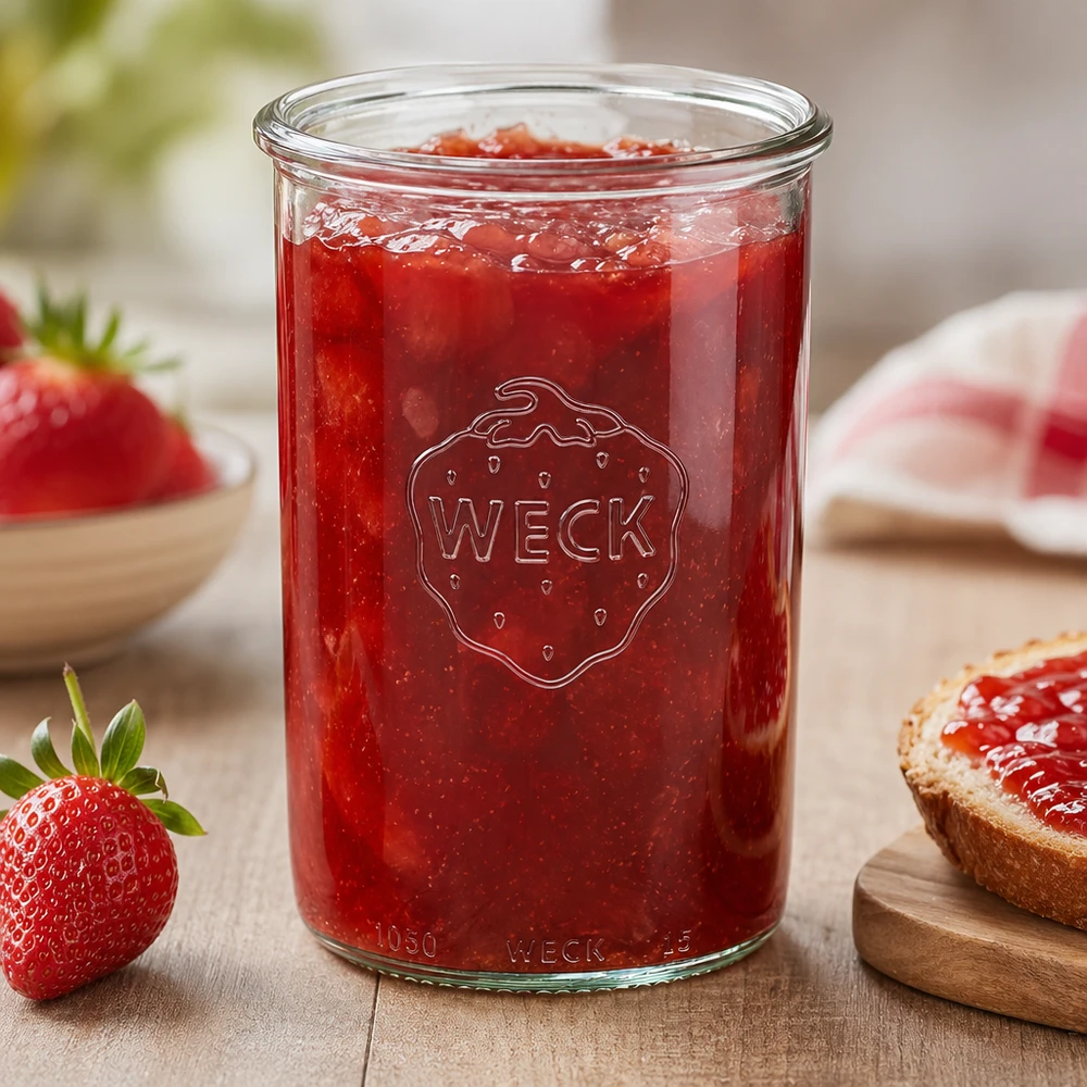 1000 ml:n WECK RR100 -lasipurkki WECK 1000ml RR100-purkki täynnä mansikkahilloa puupöydällä, jossa on tuoreita mansikoita ja leipää.
