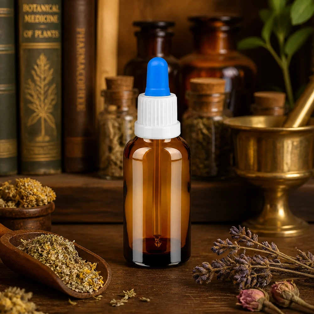 30ml pipettipullo valkoinen/sininen väärentämisen estävä sulkeminen BrownLine UT18/30 30ml pipettipullo meripihkalasista - UV-suoja luonnon uutteille ja homeopaattisille lääkkeille.