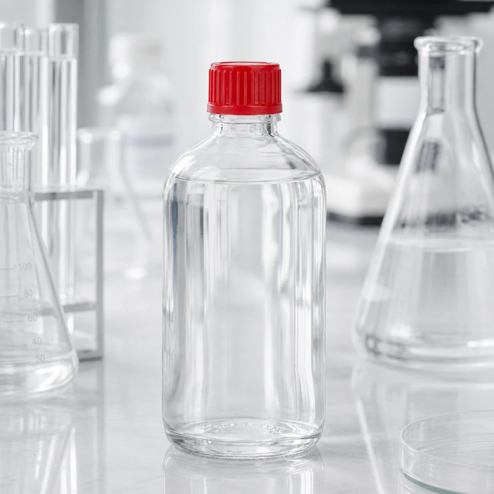 100ml pullo 11mm kierrekorkki punainen Standard ClearLine UT18/100 ClearLine UT18/100 -laboratoriopullo, 100 ml, kirkas lasi, punaisella vakiotulppalla (11 mm), valkoisella työtasolla