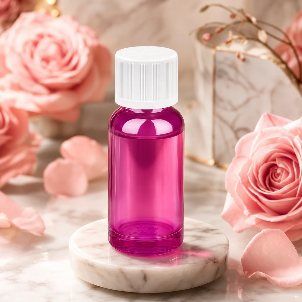 20ml violetti pullo, jossa on lapsilukko, ihanteellinen aromaterapiaan ja kauneudenhoitotuotteisiin.
