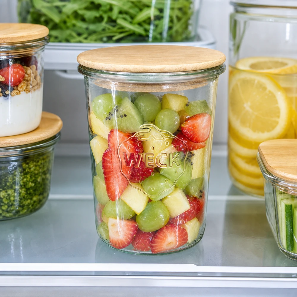 WECK Sturzglas 850ml RR100 Holzdeckel Kühlschrank Obstsalat Meal Prep frische Früchte Kiwi Erdbeeren Aufbewahrung