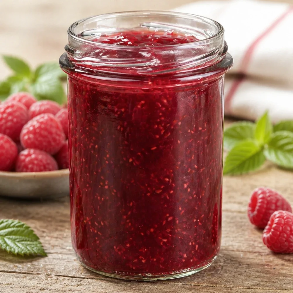 230ml lasipullot ilman kantta (TO66) UNiTWIST UNiTWIST tumblers 230ml TO66 täynnä punaista hilloa, jota ympäröivät tuoreet vadelmat ja vihreät lehdet.