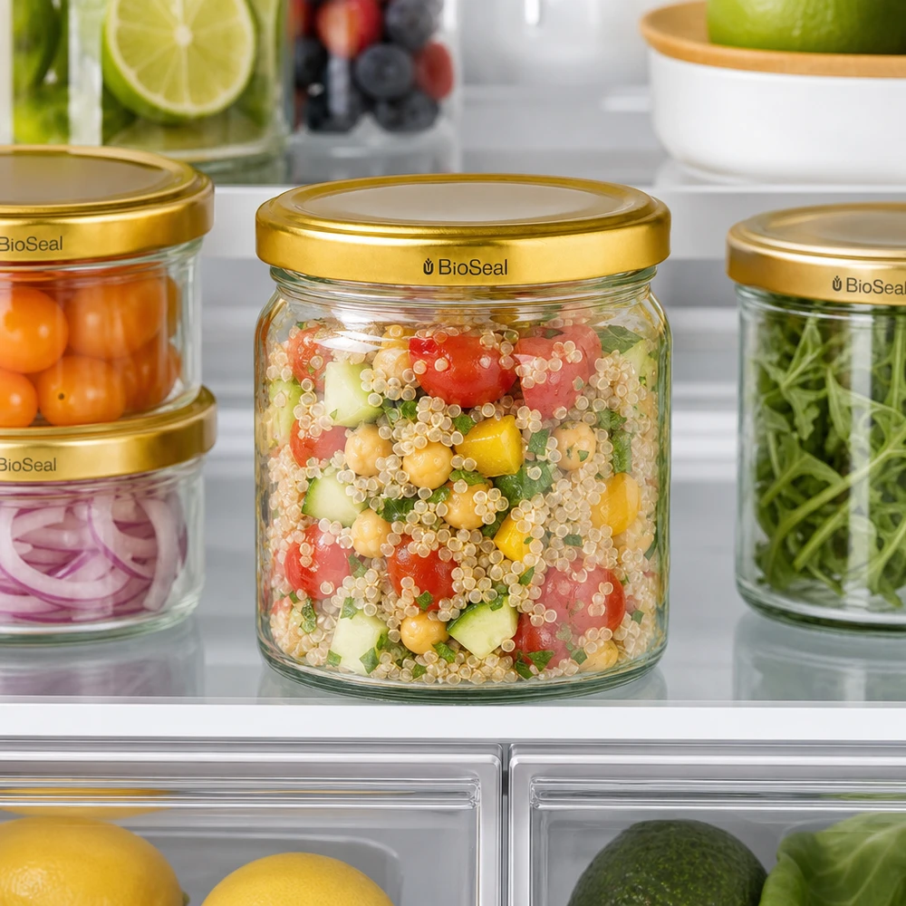 UNiTWIST Runda408 Vorratsgläser mit goldenen TO82 BioSeal Deckeln im Kühlschrank - praktische Aufbewahrung von Salat