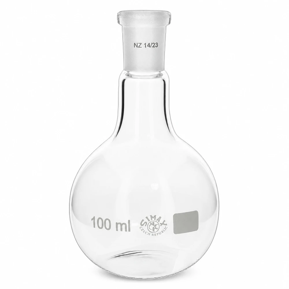 100 ml:n borosilikaattilasipullo, jossa on vakiohiottu liitos 14/23 laboratoriosovelluksiin.