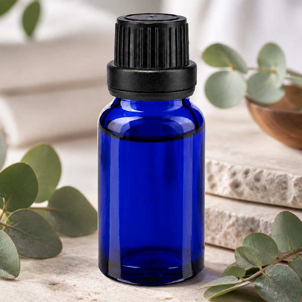 Apteekkipullo sininen 10ml tiputuskorkki kaaderengas 2mm musta peukaloitava korkki Koboltinsininen 10 ml:n lasipullo, jossa on musta kierrekorkki ja alkuperäisyystunnus, luonnonkosmetiikkaan
